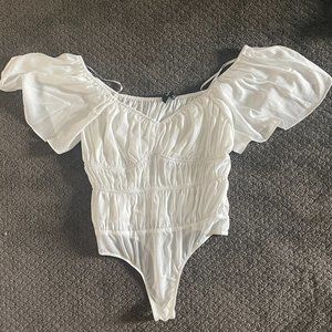 Lulus Sophisticate White Satin Ruched Short Sleeve Bodysuit